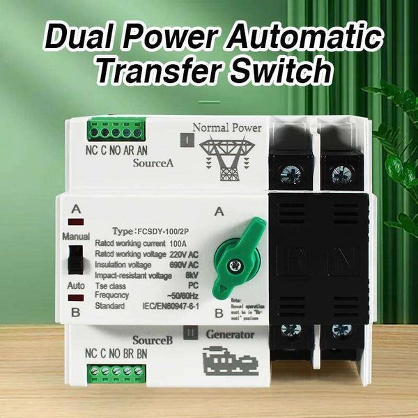 FCSDY-100/2P Dual Power Automatic Transfer Switch, 110V-220V 63A-100A AC Adapter Switch, 50/60Hz Manual & Auto Switching, Impact-Resistant 8kV Voltage