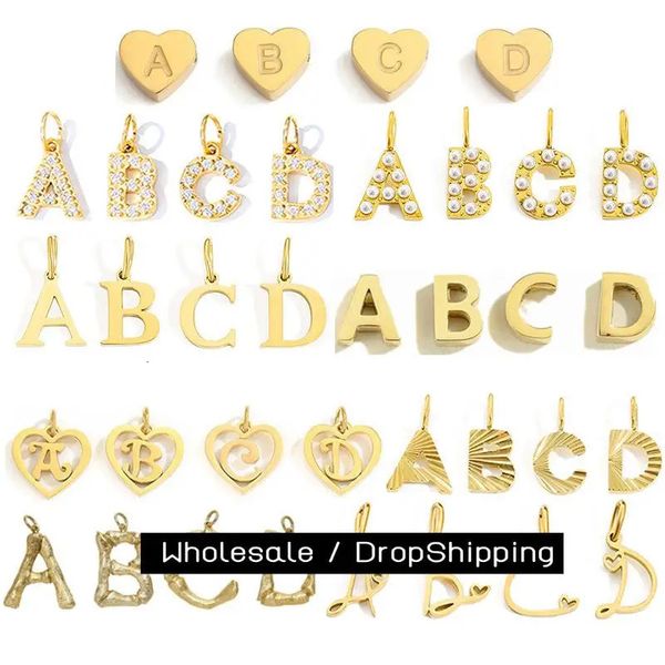 CARLIDANA 26 Letter Charms Set Heart Zircon Pearl Initial A-Z Alphabet Letter Gold Plated Stainless Steel Pendants for DIY 260403