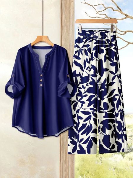 Spring Autumn Print Casual Two Piece Outfits Woman Fashion V Neck Button Elegant Loose Office Party 2 Pieces Set For Woman 260408