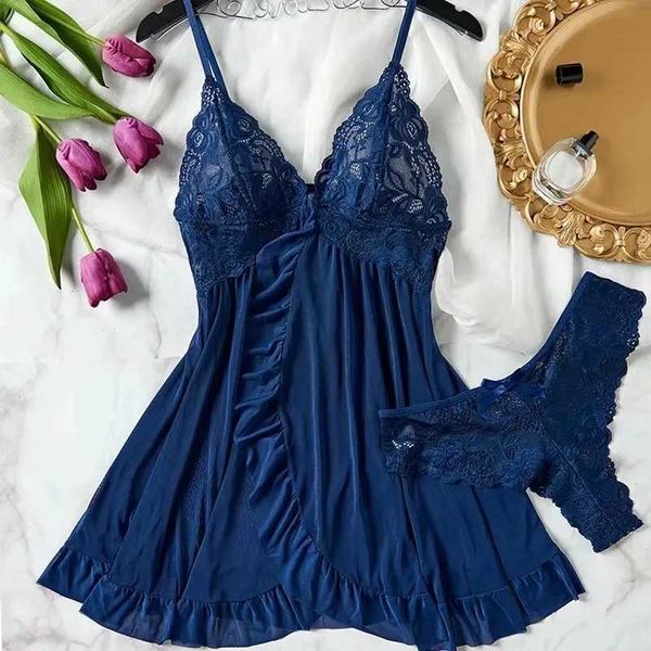 Tulle Suspenders Exquisite Womens Lencerias Lace V-Neck Underwear Semi-transparent Thong Dress Set Females Lingerie Nightgowns X260407