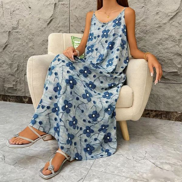 Summer French Style Printed Sleeveless Spaghetti Strap A-Line Long Dress