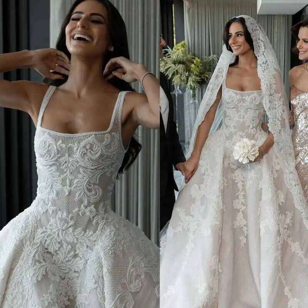 Elegant A Line Wedding Dress Square Neck Pearls Appliques Bride Dresses Simple Pleats Lace Sweep Train Bridal Gowns Customized