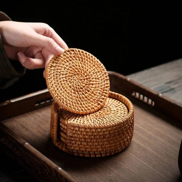 6pcs Rattan Weave Drink Coasters with Holder Storage Caddy - Protective, Space-Saving, and Decorative Cup Mat for Living Room, K ddmydog