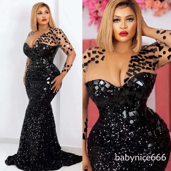Black Prom Dresses Party Gown Mermaid Trumpet Girl Illusion Beaded Applique Sequins New Custom Plus Size Formal Long Sleeve V-Neck BC18650