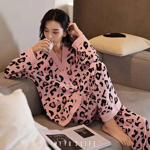 Free Shipping Cost Effective European American Style Cool Leopard Print Pajamas Set Women's Loose Cardigan Long Sleeve Loungewear Spring Autumn Style