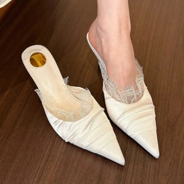 Fashion Women Slipper Elegant Lace Baotou Mule Shoe French Style Pointed Tip Casual Shoes for Woman Shoes Zapatos Mujer 260410