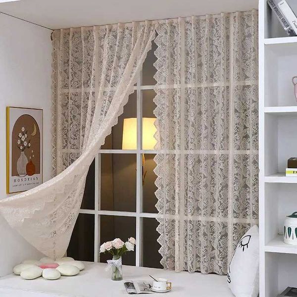 French-Style Beaded Beige Lace Sheer Curtain Princess-Style Decorative Curtain No-Drill Rod-Pull Curtain for Living Room Bedroom Balcony C260411
