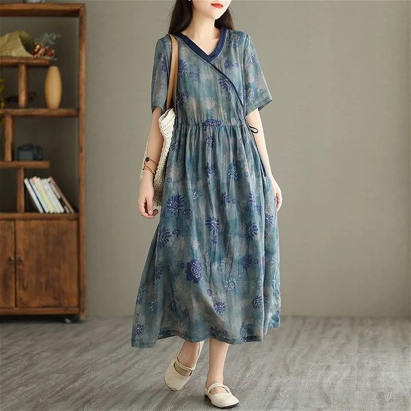 778 Summer new art retro loose plus size women's wear V-neck comfortable slim lace-up medium-length dress