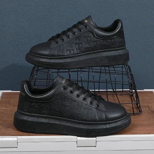 2025 Men's Shoes Spring and Autumn Flatsoled Casual Leather Sports Black White Thicksoled Breathable