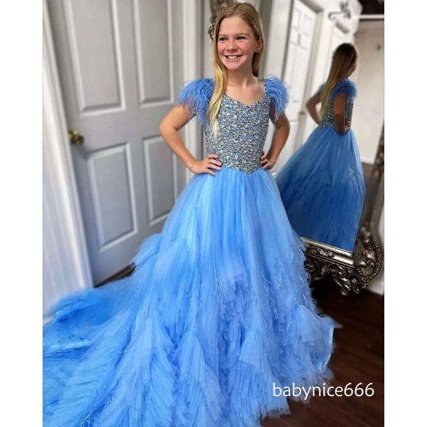Princess Sky Blue Girl Pageant Dress With Feather Crystal Pearl Tiered Tulle Little Kids Fun Fashion Runway Drama Cocktail Party Gowns Formal Wears A07