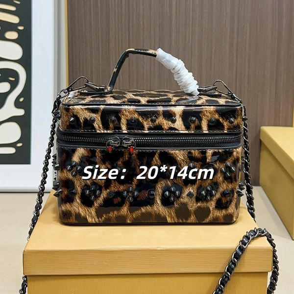 L105 Designer Leopard-Print Box Bag Women's Handheld Makeup Bag Black Glossy Studded Handbag