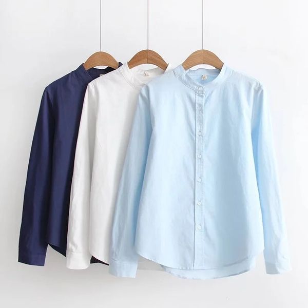 Spring Women White Shirts Linen Blue Blouses Long Sleeve Stand Up Collar Office Lady Tops Female Clothes Solid Colour