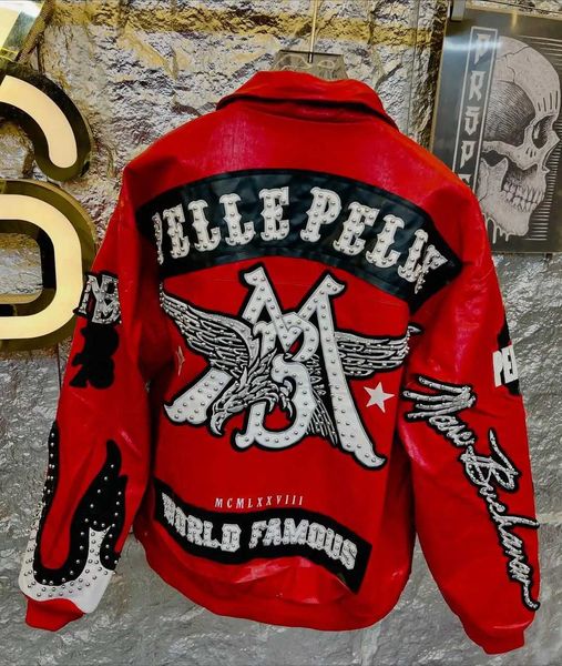 Strtwear Retro Rhinestone Patch Embroidered Red Jacket Y2K Men's Letter Embroidered Oversized Motorcycle Clothes Casual Coats