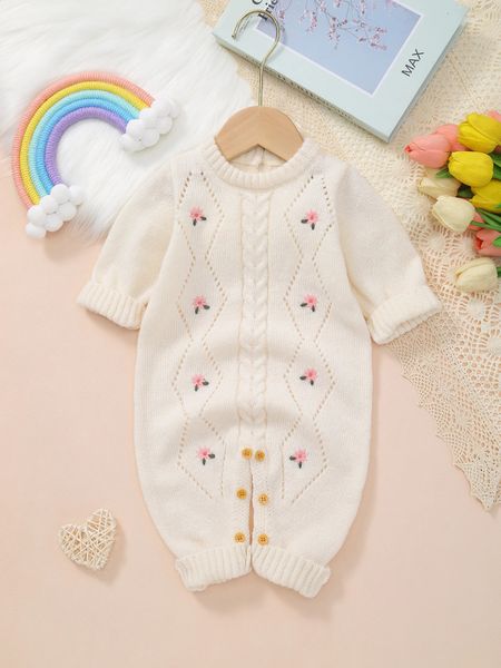 Babys Sweet and Cute Floral Embroidered LongSleeved Warm Comfortable Knitted OnePiece Crawling Suit 260414