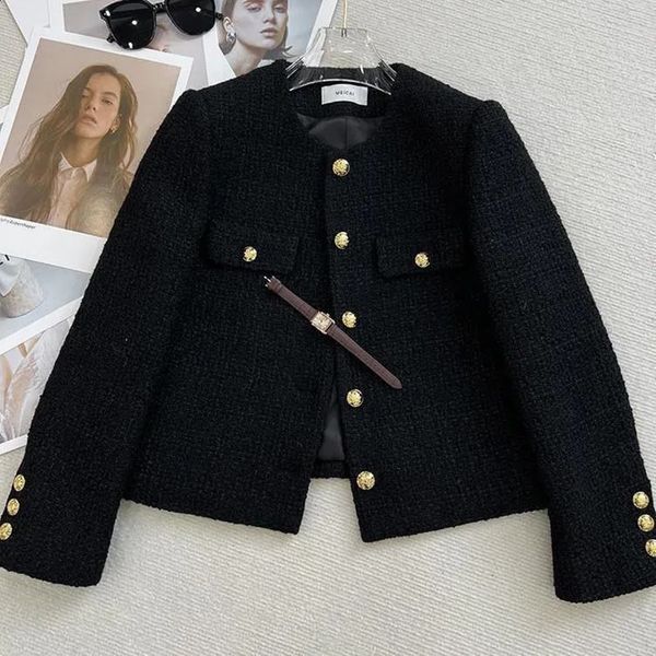 Black Tweed Jackets Women's Korean Fashion Metal Buckle Short Coats Woman Autumn Winter Single Breasted O-Neck Outerwear