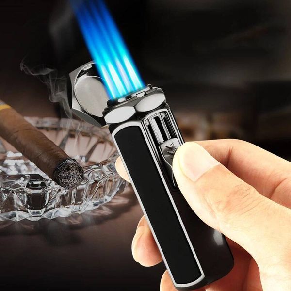 New Metal Outdoor Windproof Butane Gas Lighter With Four Direct Blue Flame Spray Guns, Men's Gift Cigarette Accessories