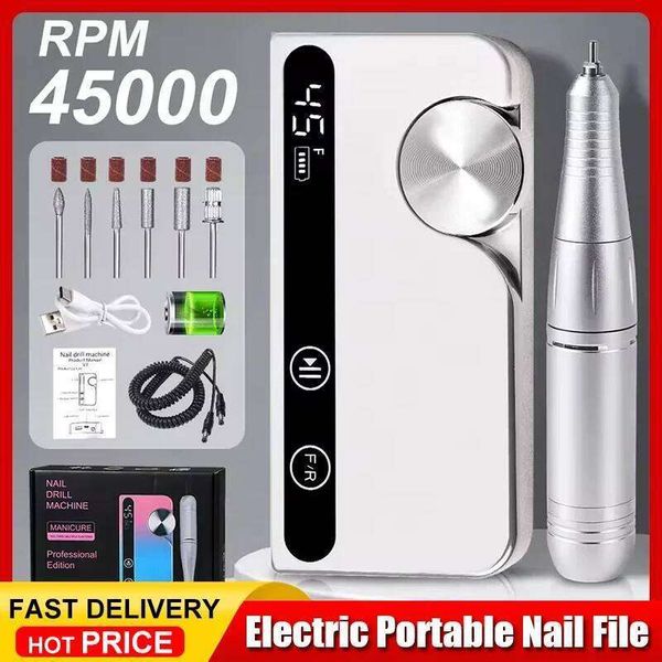 Rechargeable Nail Drill Machine, Portable Electric Fingernail Polisher, Professional 45000 RPM Silver/White Nail File
