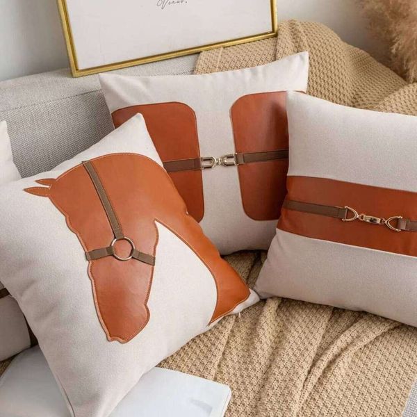 Luxury Designer Pillow Saddle Pattern Faux Leather Slub Cotton Throw Pillowcases Decorative Cushion Covers For Sofa Bed Living Room Bedroom Home Decor h Durabl 99
