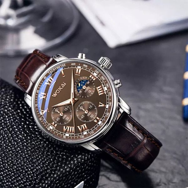 Wokai's new business men's watch, quartz sports casual men's watch, simple genuine leather strap wristwatch.
