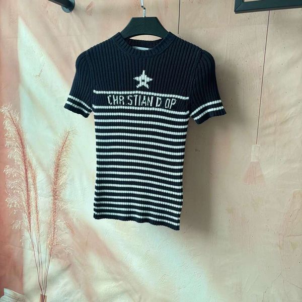 Haute Couture CD 25 Spring/Summer New Striped Color-Block Letter Pentagram Round Neck Slim-Fit Short-Sleeve Knit Shirt For Women