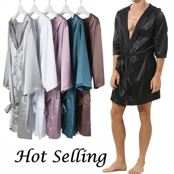 Mens Hooded Bath Robe Short Sleeve House Satin Silk Lounge Bathrobes with Belt Pajamas Homme Kimono Robes Sleepwear 260415
