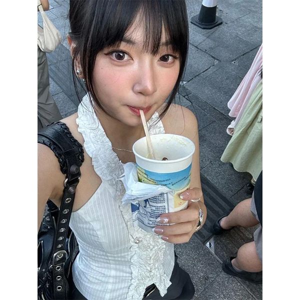 MEXZT Y2K Cropped White Shirts Women Aesthetic Sexy Halter Ruffles Blouses Summer Korean Fashion Off Shoulder Slim Tops
