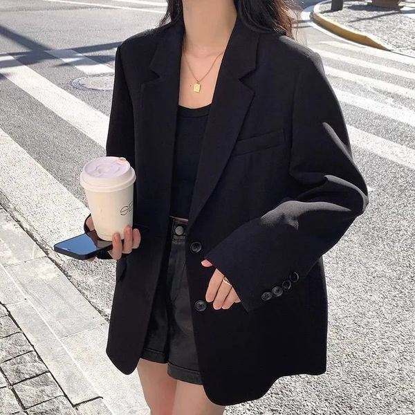 Spring Autumn Black Blazers for Women Fashion Streetwear SingleBreasted Small Suit Jacket Casual Loose Long Sleeve Outerwear