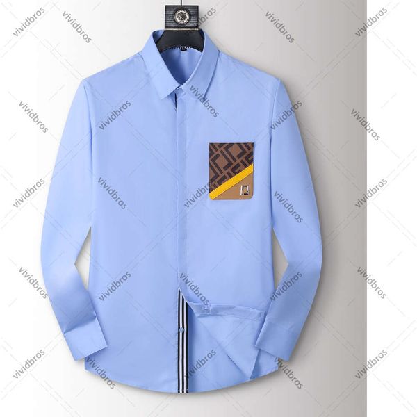 Design Men Light Blue Dress Shirt, Contrast Monogram Pattern Pocket Decor, Long Sleeve Turn Down Collar Button Up, Premium Formal Business Office Banquet Casual