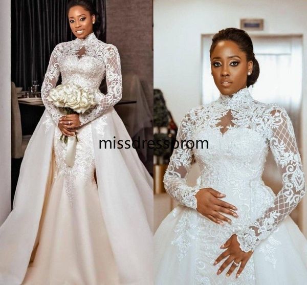 African Mermaid Wedding Dress Detachable Train High Neck Lace Appliques Arabic Bridal Gowns Long Sleeves Robe De Mariage