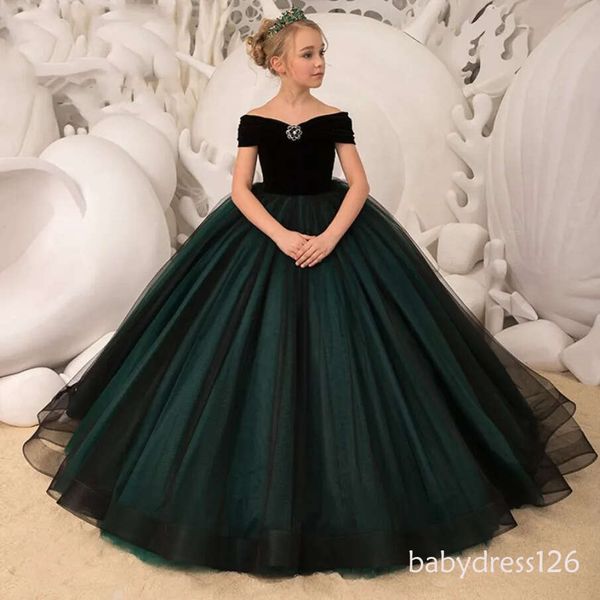 Kids Dresses Girl Elegant Long Prom Green Tulle New Children Graduation Dress Teen Wedding Bridesmaid Robe First Holy Communion Gowns ZD19