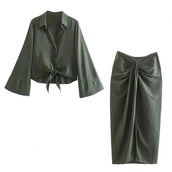 Linen Blended Solid Shirt and Skirt Suit Women Summer Knotable Shirt Set Fashion Street Casual Female Clothing Plicated Skirts