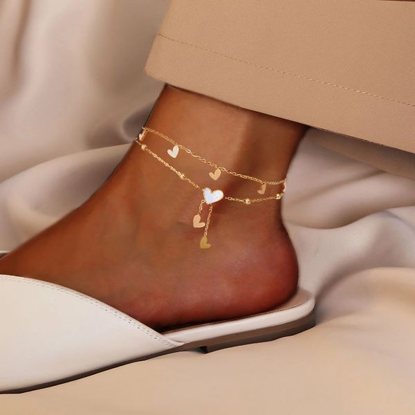 Heart shaped shell inlaid heart pendant layered stainless steel womens fashionable golden jewelry gift summer beach anklet 260409