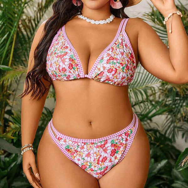 New and Floral Cup Hot Spring Plus Size Swimsuit for Women Lace-Up Triangle Beach Bikini