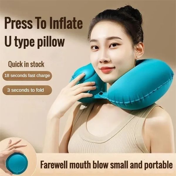 Car Portable Neck Protection U-shaped Compression Inflatable Pillow Outdoor Nap Camping Travel Flocking PVC Airplane Pillow 260228BJ