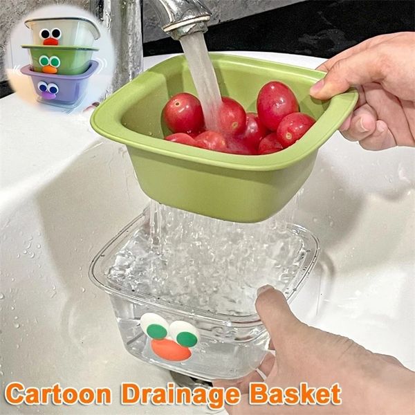 Double Drain Basket Fruit Washing Machine Cute Mini Fruit Tray Delicate Drain Basin Multi-purpose Kitchen Storage Box 250606BJ