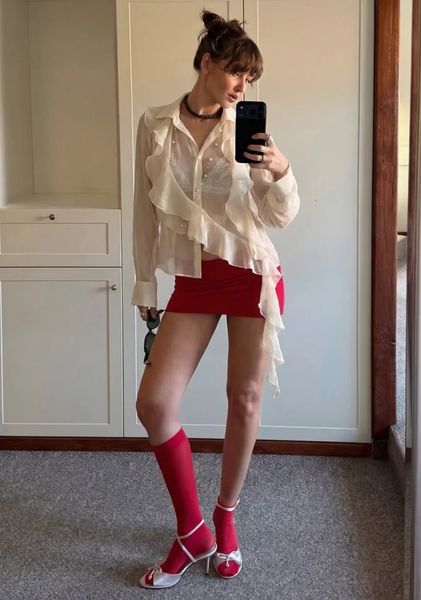 Sexy Ribbon Shirts Mini Skirts Sets Women Lapel Single Breasted See Through Blouse Suit Female 2026 Summer Chic Outfits 260417