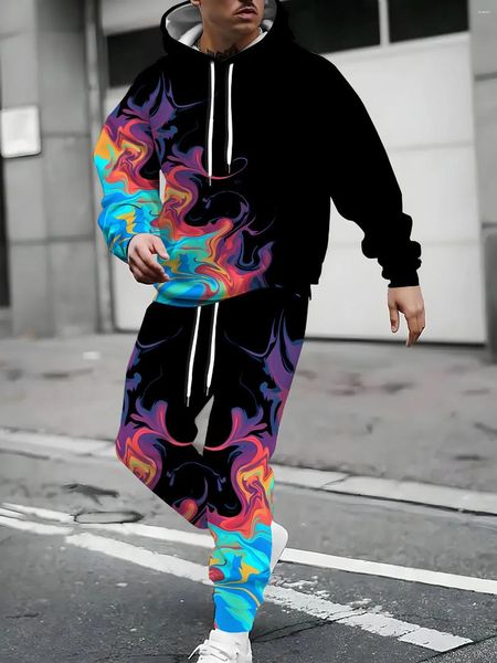 Men's Tracksuits Autumn Color Blocks 3D Printed Hoodie Suit Men Sweatshirts Sweatpants Casual Fashion Two Piece Tracksuit Set Clothing