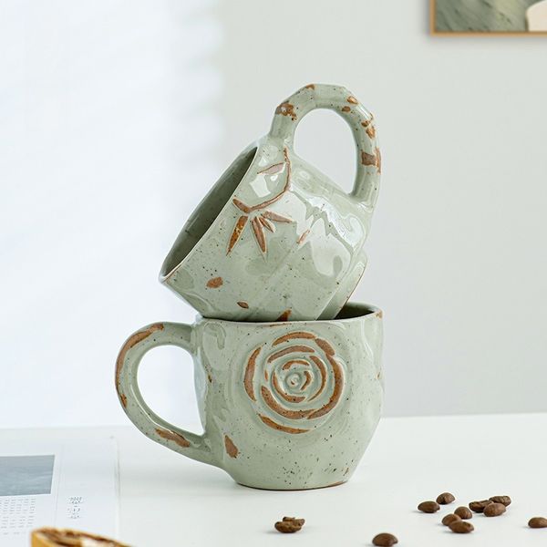 Vintage Embossed Ceramic Coffee Cup with Saucer Set Luxury Creamy White Tea Mug French Style Floral Edge Stoneware Tableware for Home Afternoon Tea