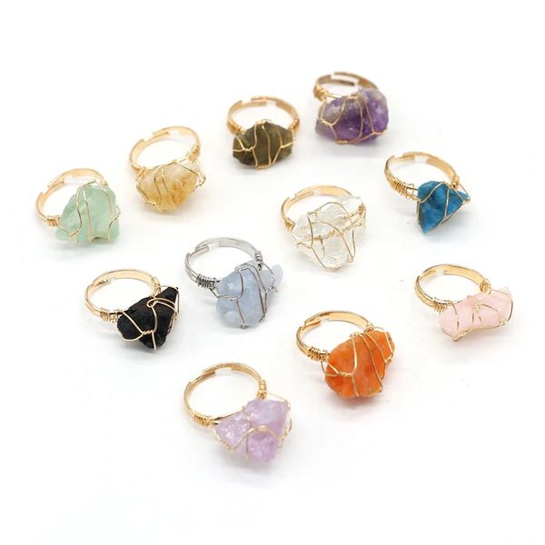 Natural Stone Crystal Rings Gold Color Wire Wrap Irregular Amethysts Quartzs Adjustable Finger Ring Jewelry for Women Gifts 260409
