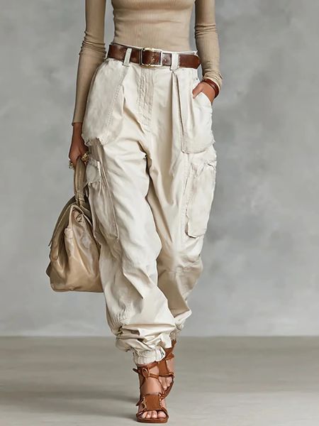 Vintage Casual Trousers For Women Loose Multi-Pocket Cargo Pants Vacation Solid Color Sports Temperament Sweatshirt Overalls 260421