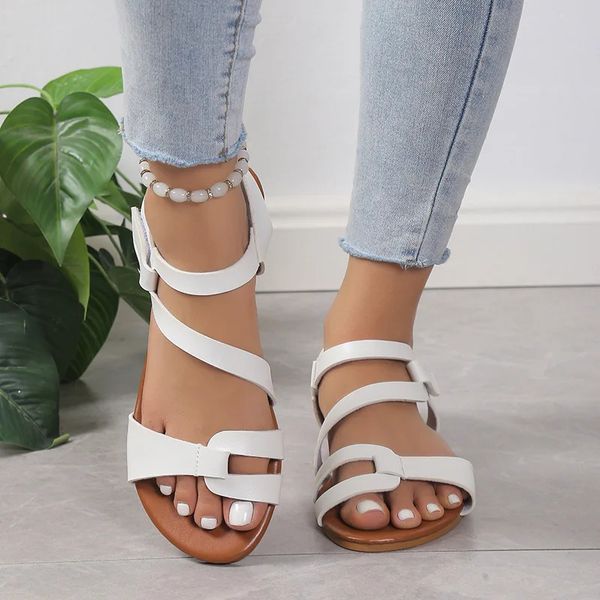 Women's Sandals Summer 2024 Flat Woman White Shoes Elegant Open Toe Beach Dress Flats for Women Outdoor Sandalias Plus Size 43
