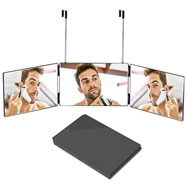 3 Way Mirror for Hair Cutting, Foldable 360° Self Haircut Mirror with Adjustable Height, Hanging Tri-Fold Mirror for Styling, Shaving Makeup
