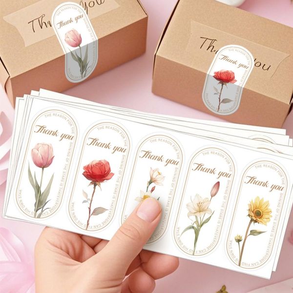 Watercolor Floral Thank You Stickers, Aesthetic Vintage Oval Self-Adhesive Decorative Labels for Gift Packaging, Baking, Handmade Crafts & Gift Box Decoration