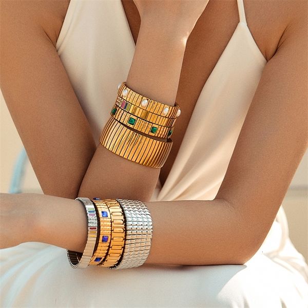 PRISCA Pearl Elastic Bracelet Women Stainless Steel Gold Plated Hip Hop Jewelry Wholesale 260421
