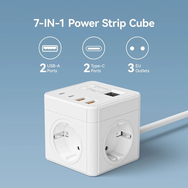 1 7-in-1 EU power strip power strip surge protector 15m extension cord3 AC outlets 3 USB 1 Type-C timed off desktop chargin 260410