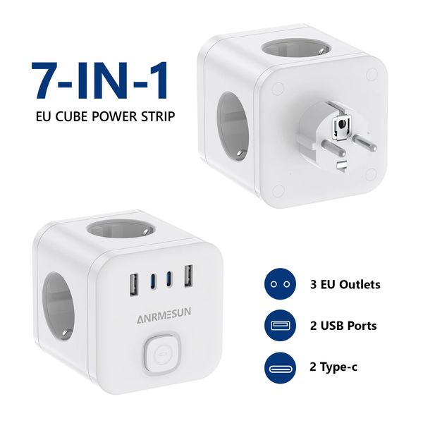 Wall Socket Extender with Switch 3 Outlets 2 USB A and 2 Type C Port Portable Cube Socket Power Strip Adapter Charger For Travel 260410