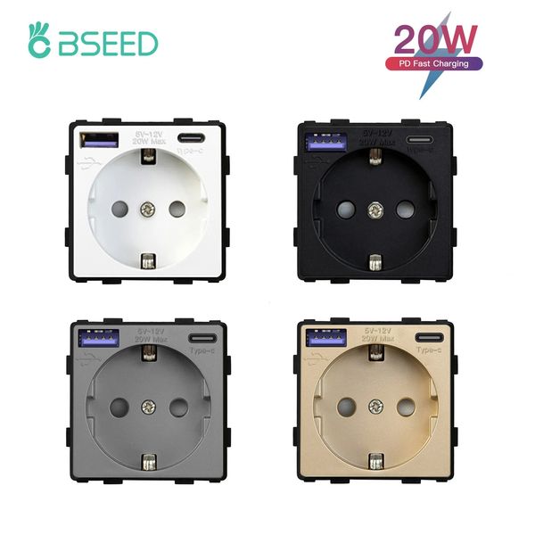 BSEED 20W EU Plug Wall Socket Outlet Dual Type-C USB and Standard Power Socket, PD Fast Charging, Plastic, Germany Model 260410