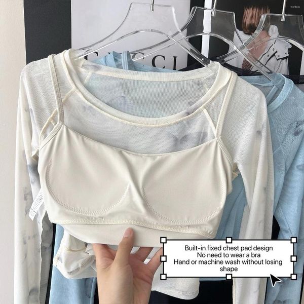 Active Shirts Fake Two-Piece Mesh Yoga Wear Long-Sleeve Fixed Padded Sports T-Shirt Quick-Dry Training Pilates Fitness Top For Women