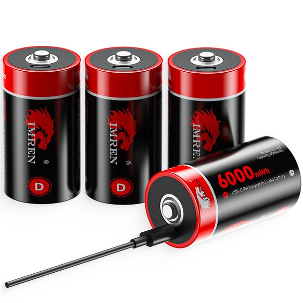IMREN D Size 1.5V Lithium Rechargeable Battery 6000mWh Type-C Fast Charge 1200 Cycles for Gas Stoves Flashlight-72pcs a lot