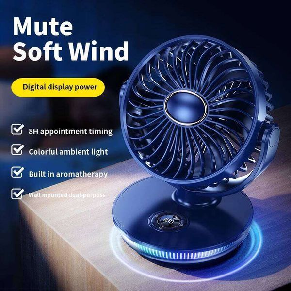 2026 Protable Electric Rechargeable LED Digital Screen Wall Mounted Fan with 8H Timing 180° Adjustable 7 Colorful Lights